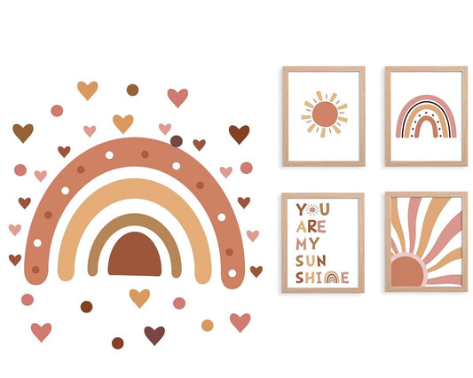 BabyOneStop Boho Nursery Wall Decor Set With Rainbow Decals And Framed Art Prints
