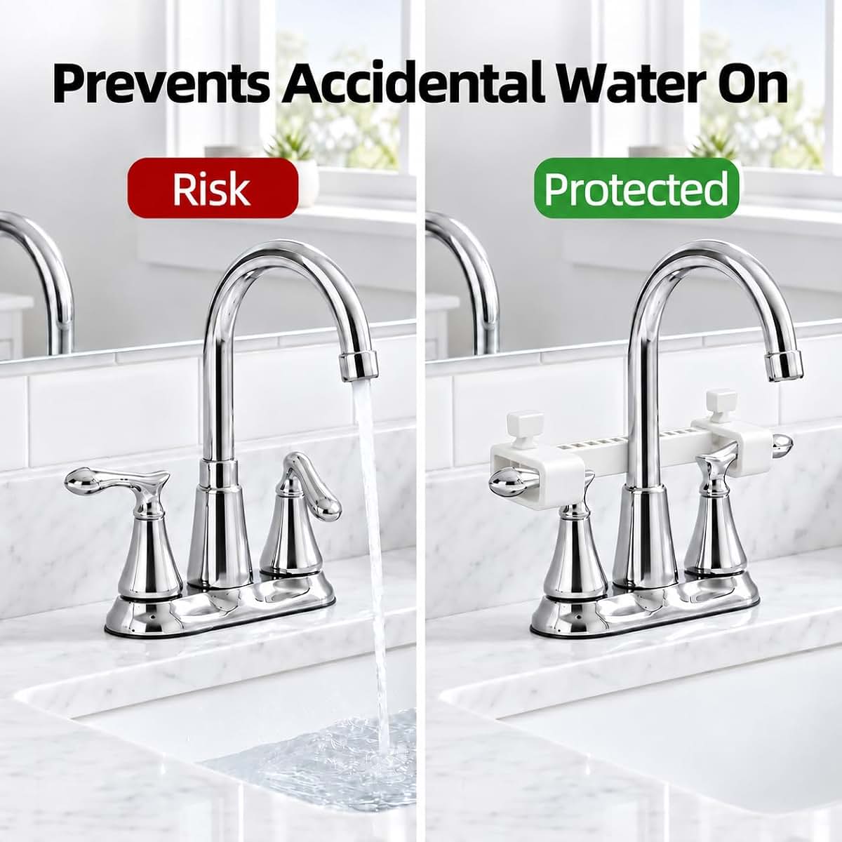 KIMPOK Faucet Handle Lock for 2-Handle Sinks, Adjustable Child Safety Guard | Multi-slot rail stays securely (photo 4)