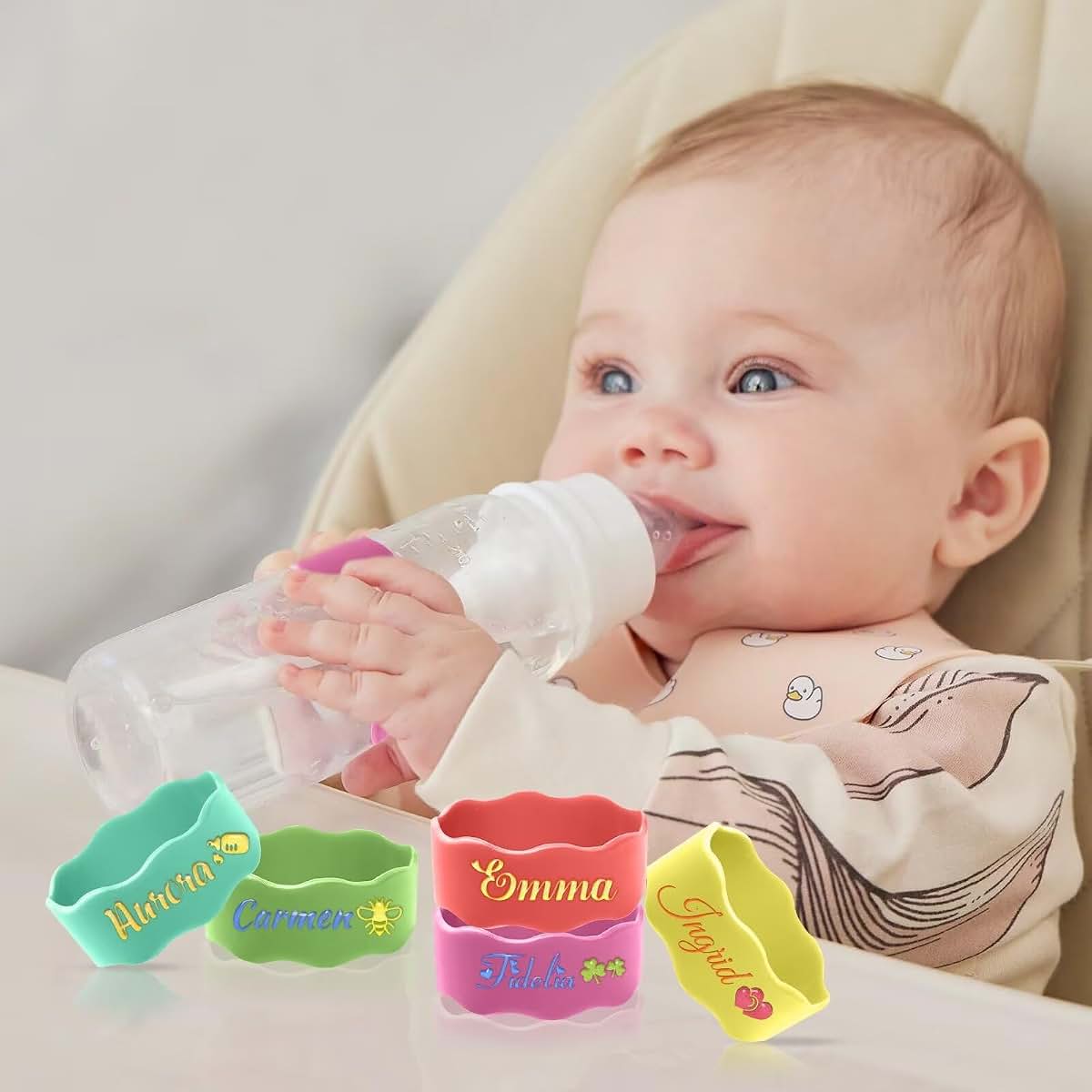 FENGHUO Custom Baby Bottle Labels for Daycare,Personalized Name Silicone Cup Strap,Reusable Kids Cup Grip (photo 4)