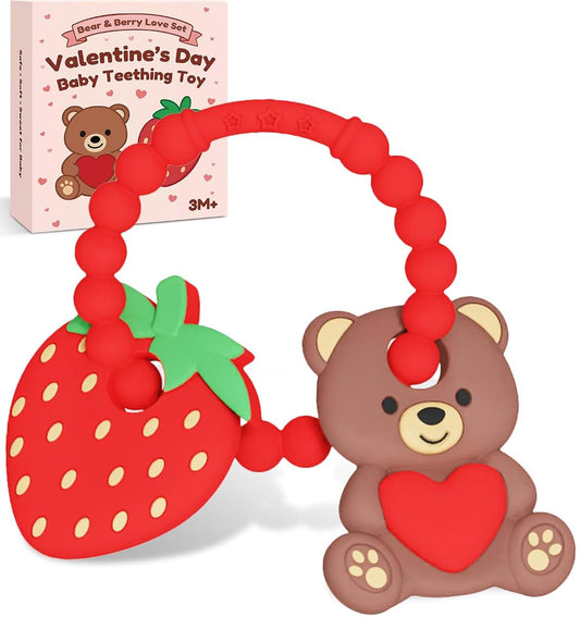 CulinaCraft Valentine’s Baby Teething Toys, Silicone Teddy Bear & Strawberry Ring Set