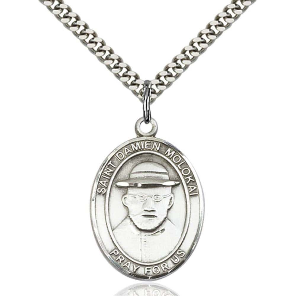 Bonyak Jewelry Saint Medal Collection Sterling Silver St. Damien of Molokai Pendant 1 x 3/4 inches with Heavy Curb Chain
