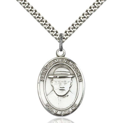 Bonyak Jewelry Saint Medal Collection Sterling Silver St. Damien of Molokai Pendant 1 x 3/4 inches with Heavy Curb Chain
