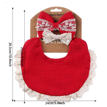 Surakey Baby Bibs Drool Teething Headband Set 4-Layer Organic Cotton Lace Waterproof For Girls