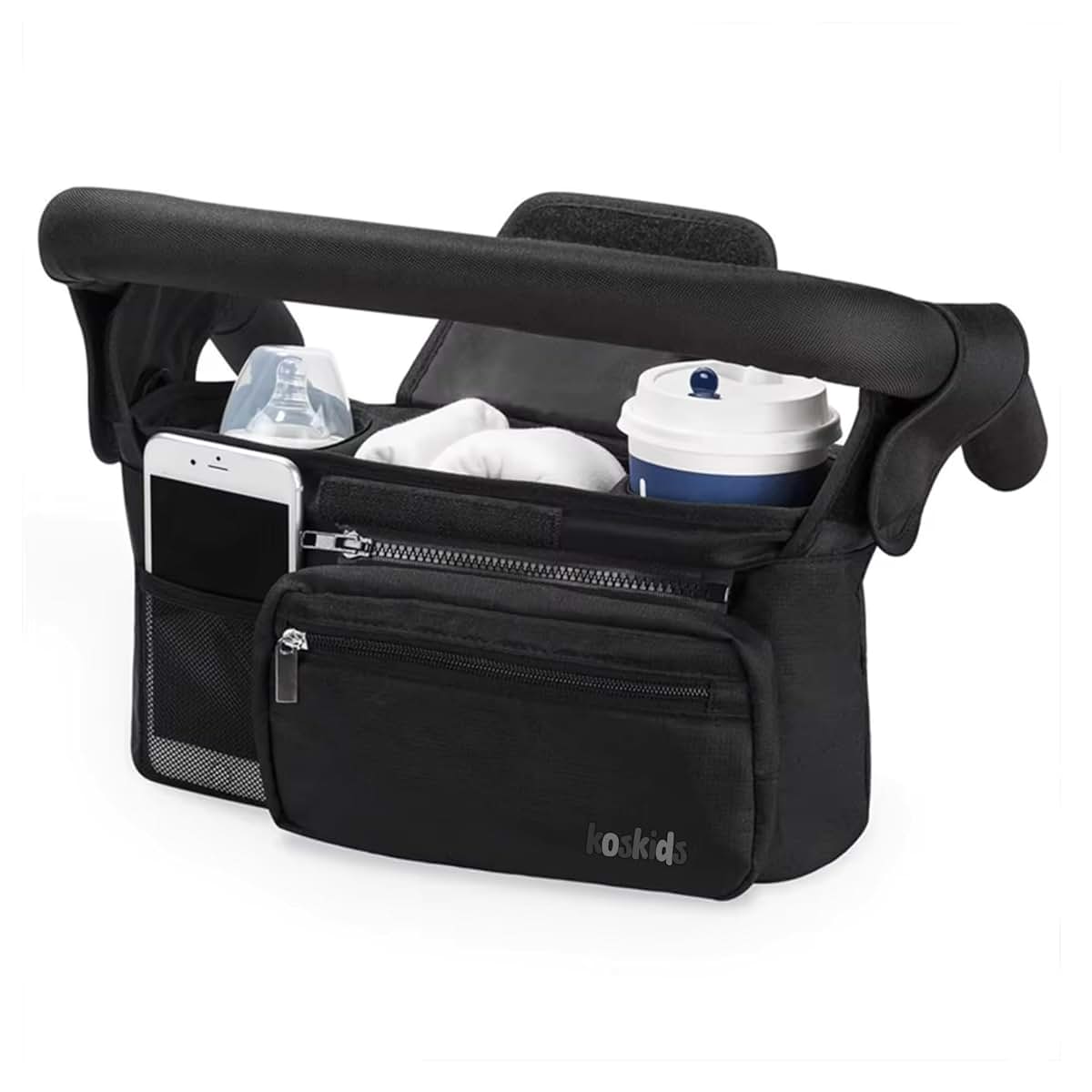 Koskids Universal Stroller Organizer with Insulated Cup Holder, Black