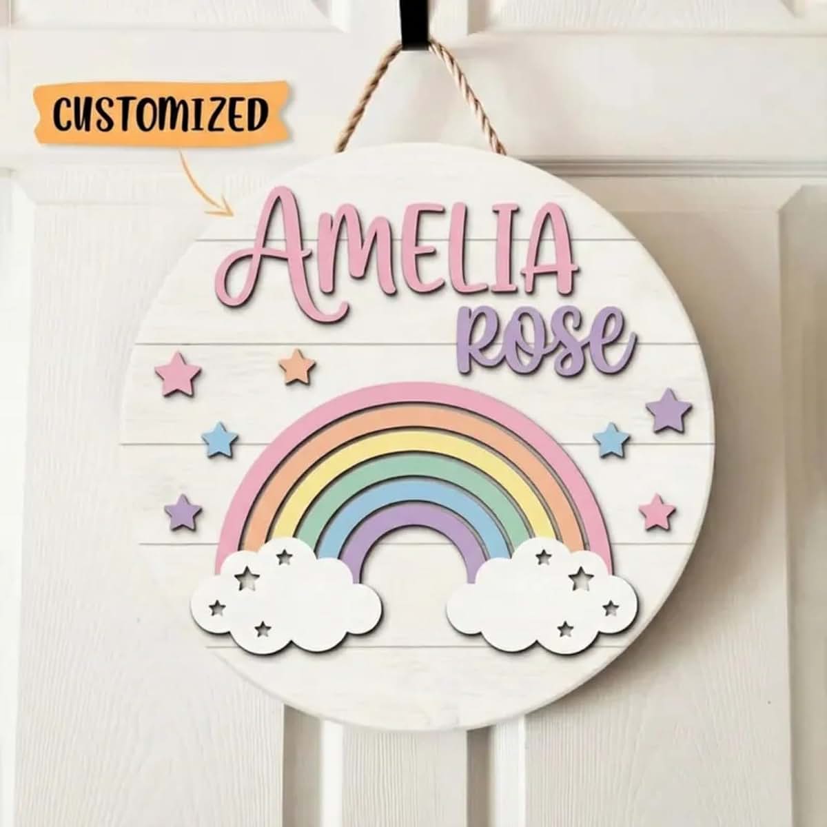 QuilogaSC Personalized Rainbow Name Wooden Hanging Sign (photo 3)