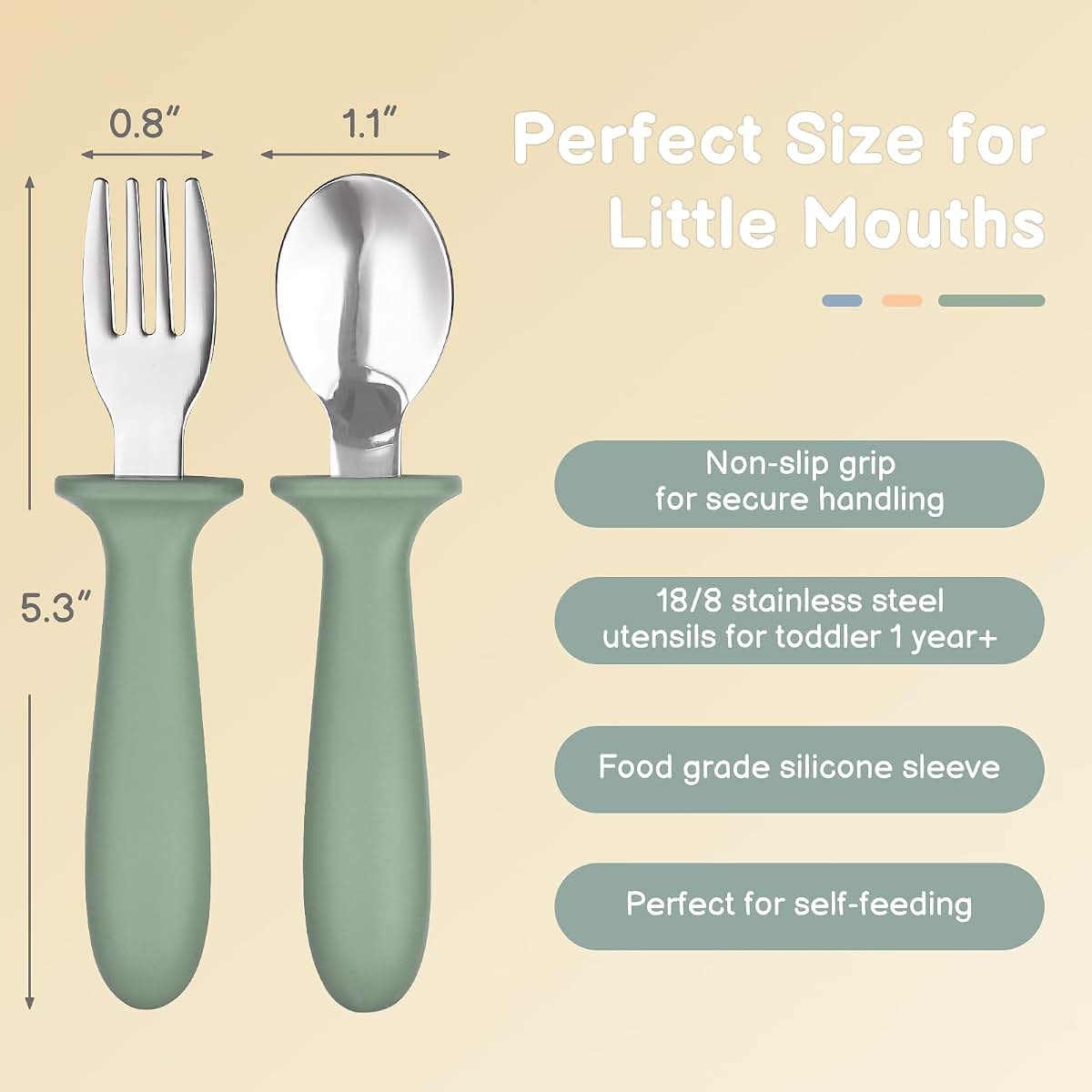 Eascrozn Toddler Utensils 6 Pack, Forks and Spoons Set with Silicone Handles, 18/8 Stainless Steel