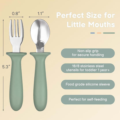 Eascrozn Toddler Utensils 6 Pack, Forks and Spoons Set with Silicone Handles, 18/8 Stainless Steel