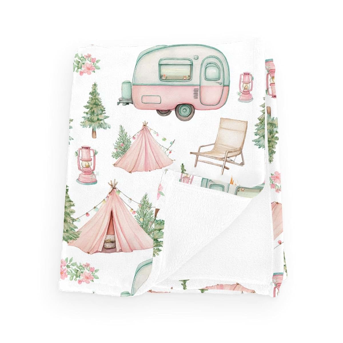 Wicbfdfv Cute Camp Car Floral Trees Flannel Baby Blanket White