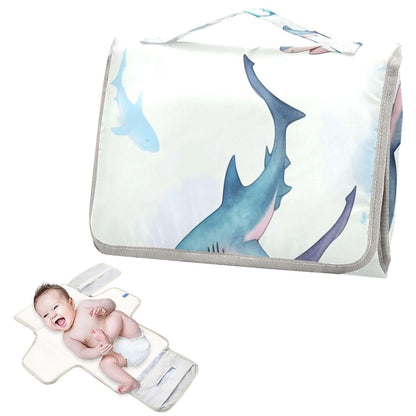 Nesatuwa Portable Baby Changing Pad with Built-in Pillow, Watercolor Sharks, Waterproof Foldable