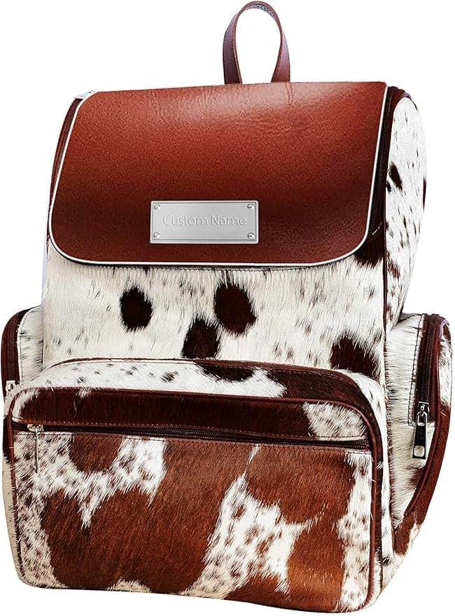 SLEEK SKINS Personalised Cowhide Diaper Bag Custom Name Cow Print Western Backpack