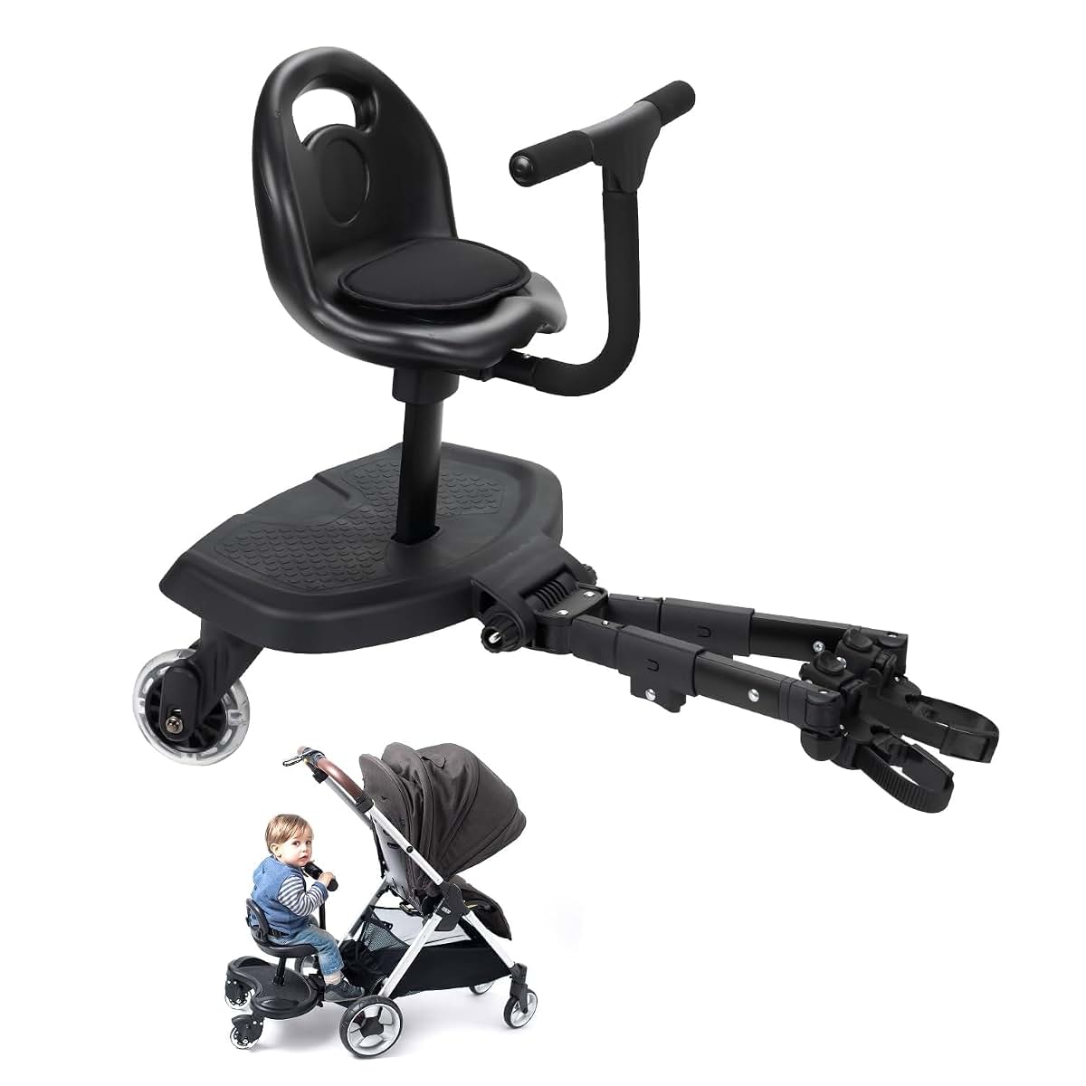 OUSEXI Universal 2-in-1 Stroller Board，Child Rider Stroller Attachment with Saddle Seat and Standing Platform ，Quick