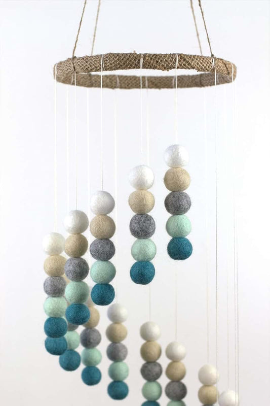 Matthew + Mae Felt Ball Spiral Nursery Ceiling Mobile - Teal/Almond/Gray