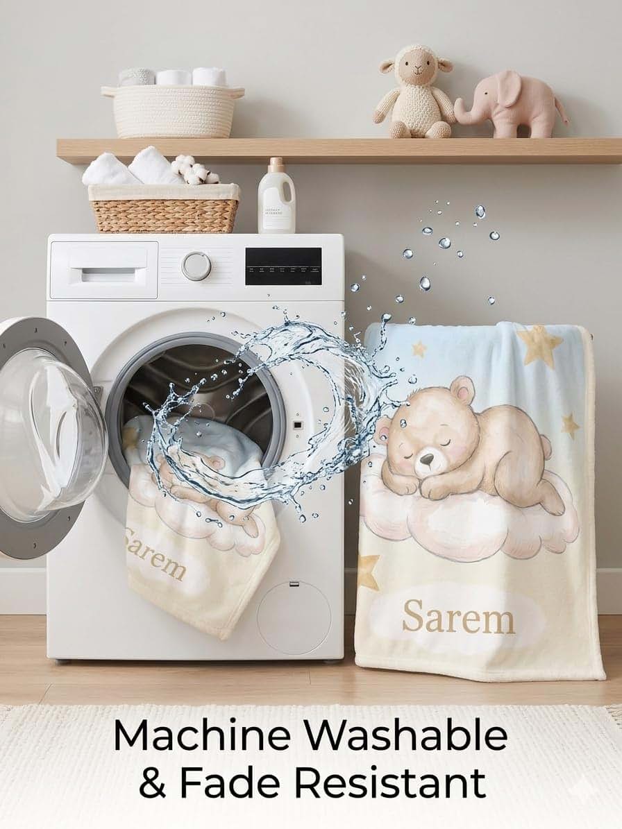 EcoAbu Personalized Baby Blanket with Name, Sleeping Bear Plush Fleece Throw 50x60, Custom Newborn Gift, Soft Nursery (photo 4)