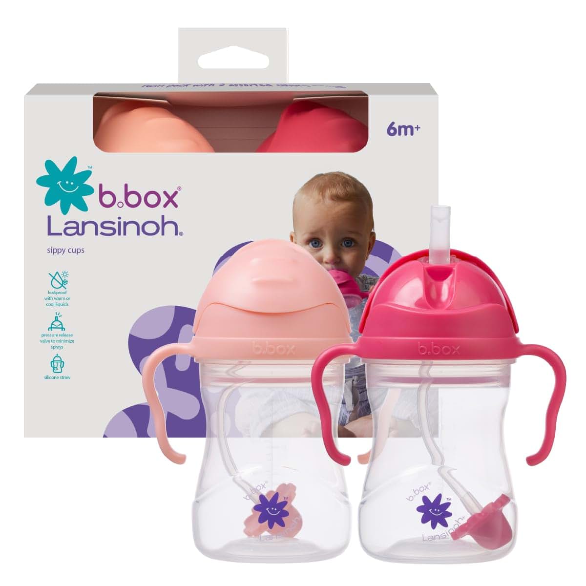 B.box + Lansinoh Weighted Straw Sippy Cup 2 Pack, Tutti Frutti & Raspberry