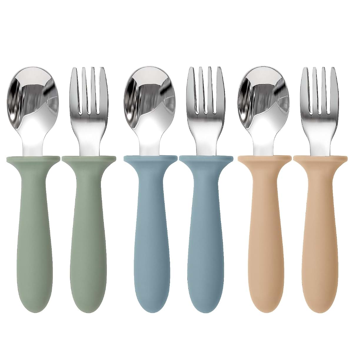 Eascrozn Toddler Utensils 6 Pack, Forks and Spoons Set with Silicone Handles, 18/8 Stainless Steel