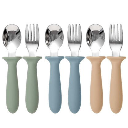 Eascrozn Toddler Utensils 6 Pack, Forks and Spoons Set with Silicone Handles, 18/8 Stainless Steel