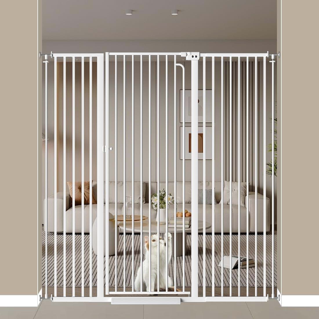 THEYFIRST 57 Inch Extra Tall Pet Gate for Doorways, Pressure Mounted Walk Through with Auto Close, White