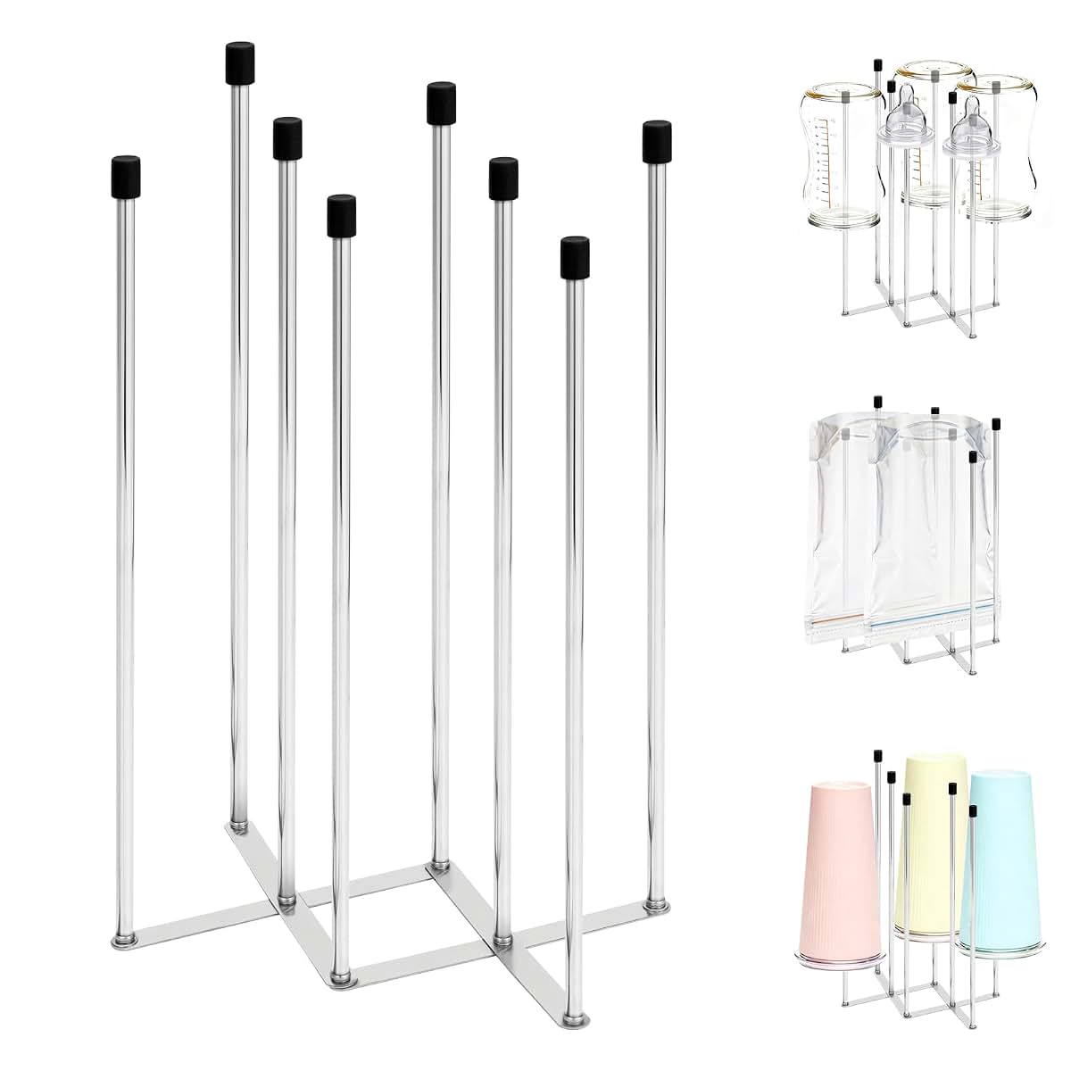 Hogarbliss Foldable Baby Bottle Drying Rack, 8-Pole Stainless Steel Collapsible Dryer for Bottles, Cups and Reusable