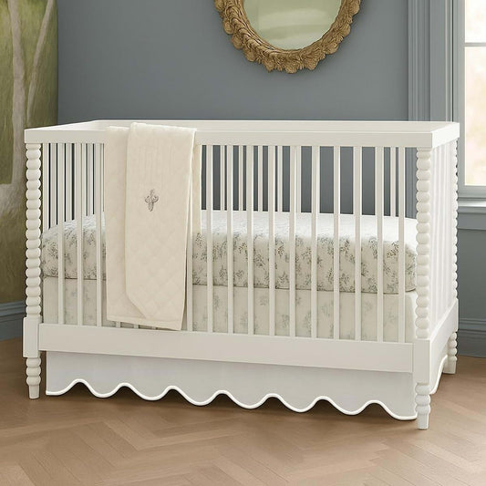 Luxurious Collections White Cotton Sateen Crib Skirt With Scalloped Embroidery