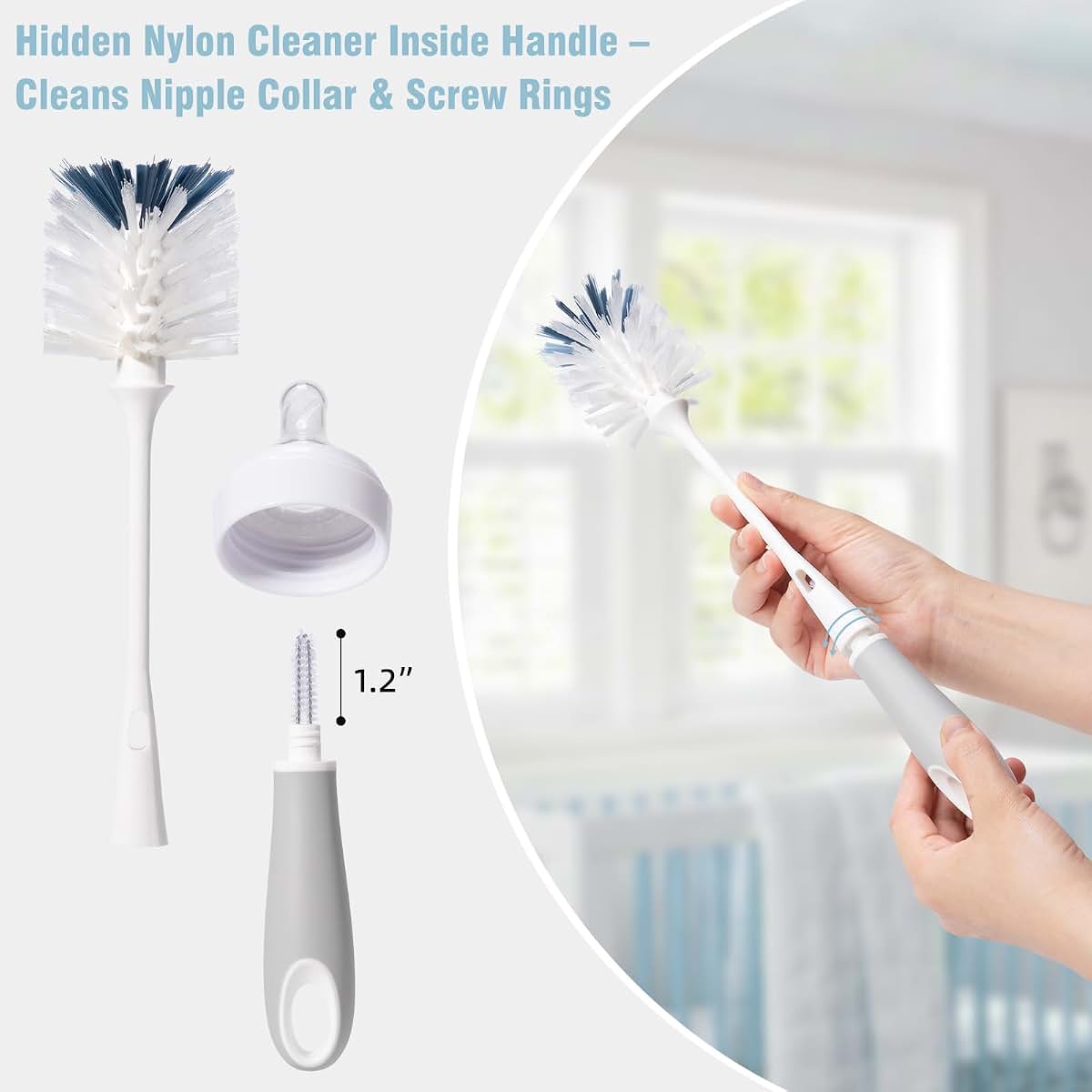 BabyOneStop 7-Piece Baby Bottle Brush Set With Hidden Cleaner And Storage Rings