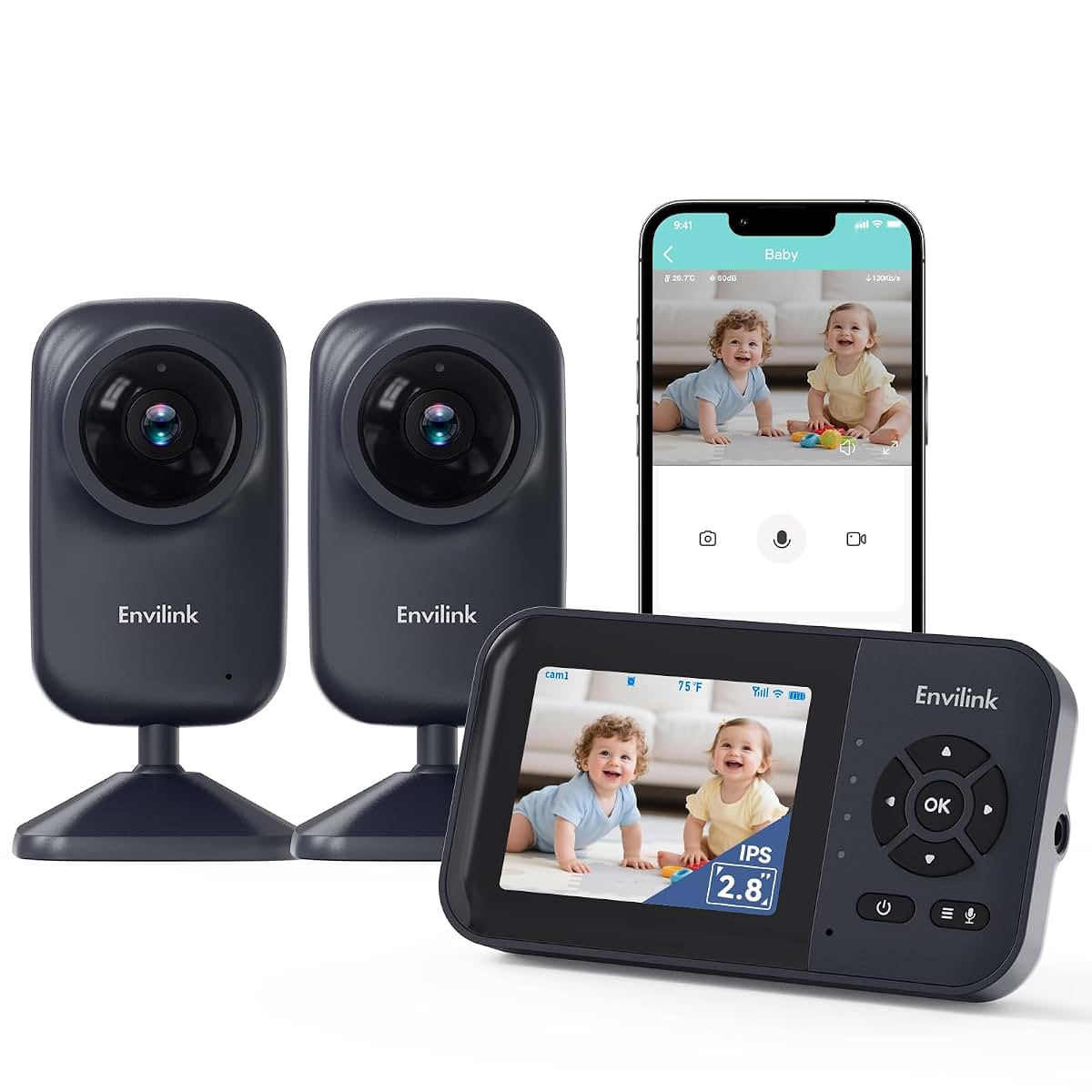 Envilink Video Baby Monitor With 2 Cameras, 2.8" Ips Screen, 1200ft Range, App Connectivity