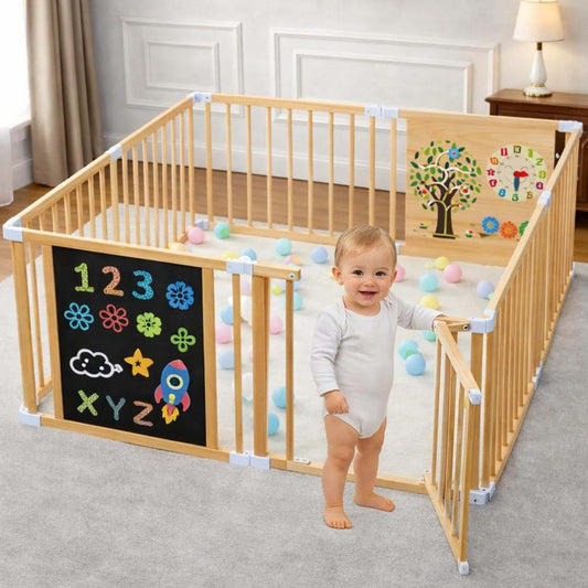 Woodelta Foldable Wooden Playpen for Babies and Toddlers, 63x63x24 Inch | Natural New Zealand Pine Wood, Black and