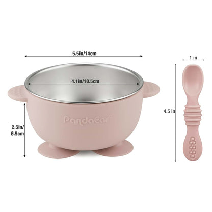 PandaEar 3 Pack Stainless Steel Suction Baby Bowls & 3 Silicone Feeding Spoons, Pink White