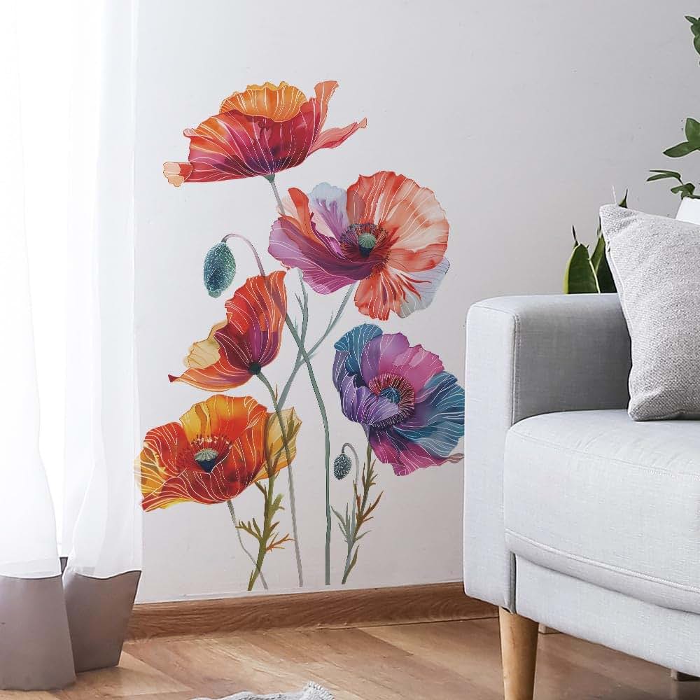 Runtoo Poppy Flowers Watercolor Floral Wall Art Decals