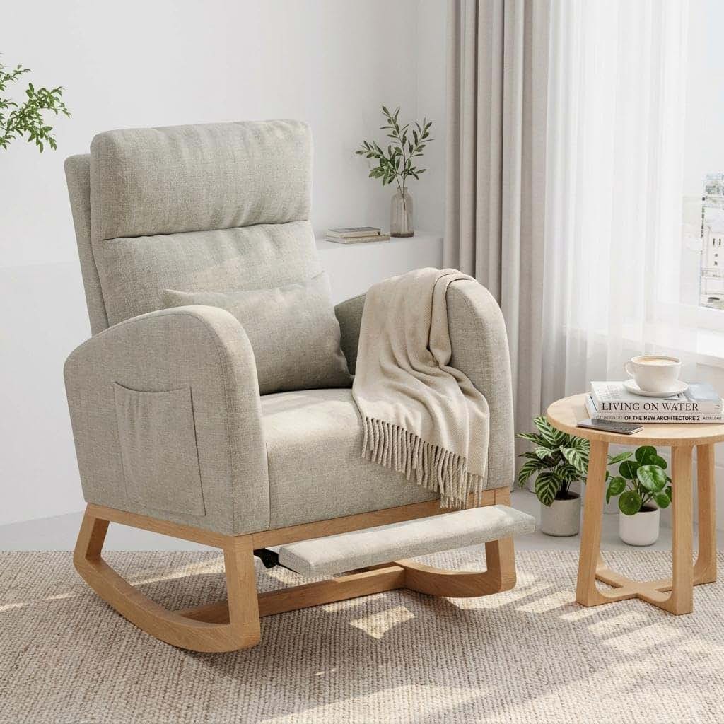 Takywep Modern Linen Glider Rocking Chair with Side Pockets & Pillow