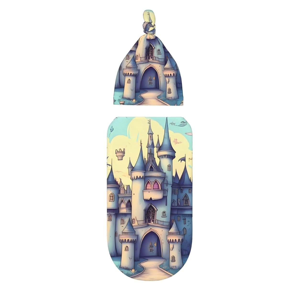 BWLHJKE Fairytale Castle Swaddle Blanket with Nursery Hats for Baby Girl Boy, Adjustable Breathable Newborn Receiving