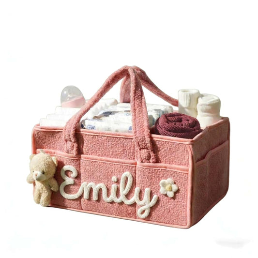 ECOVOYGGE Custom Baby Organizer Bag，Personalized Knit Diaper Caddy Organizer: Handmade Nursery Storage Basket (Pink)