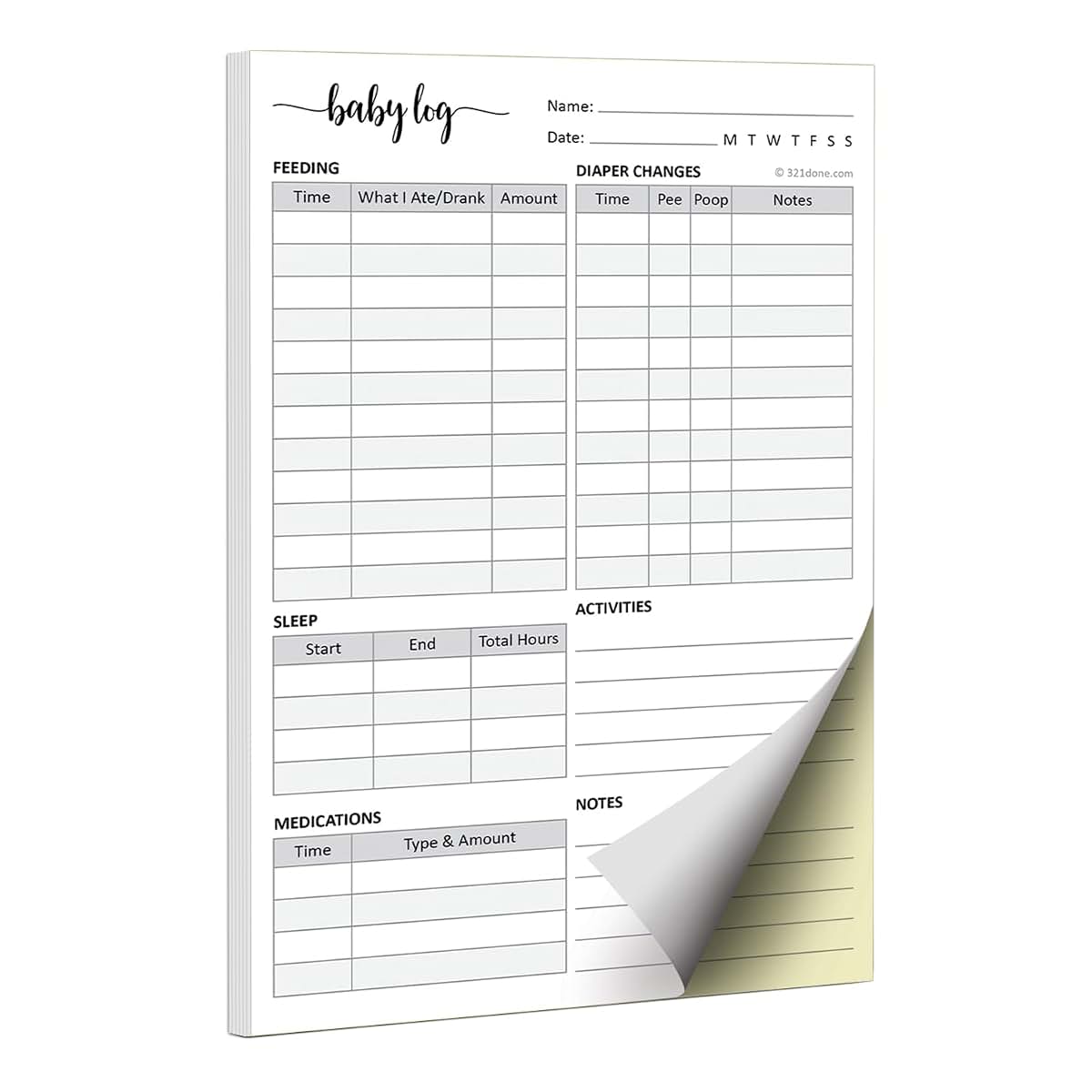 321Done Baby Daily Log Book With Carbon Copies, 50 Sets