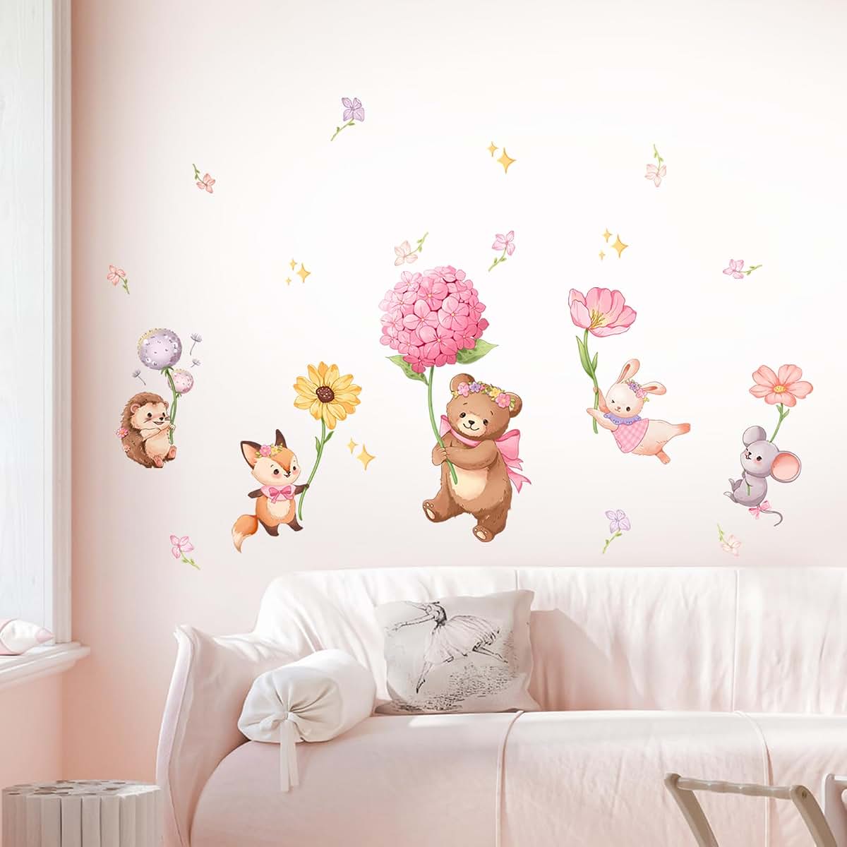 Decvictor Pink Cartoon Animal Wall Decals for Girls Bedroom