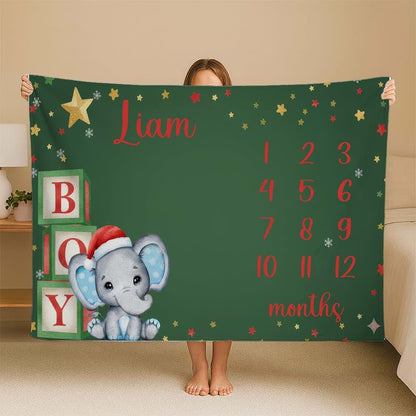 L&NG Monthly Milestone Blanket for Boy, Elephant with Santa Hat (photo 2)