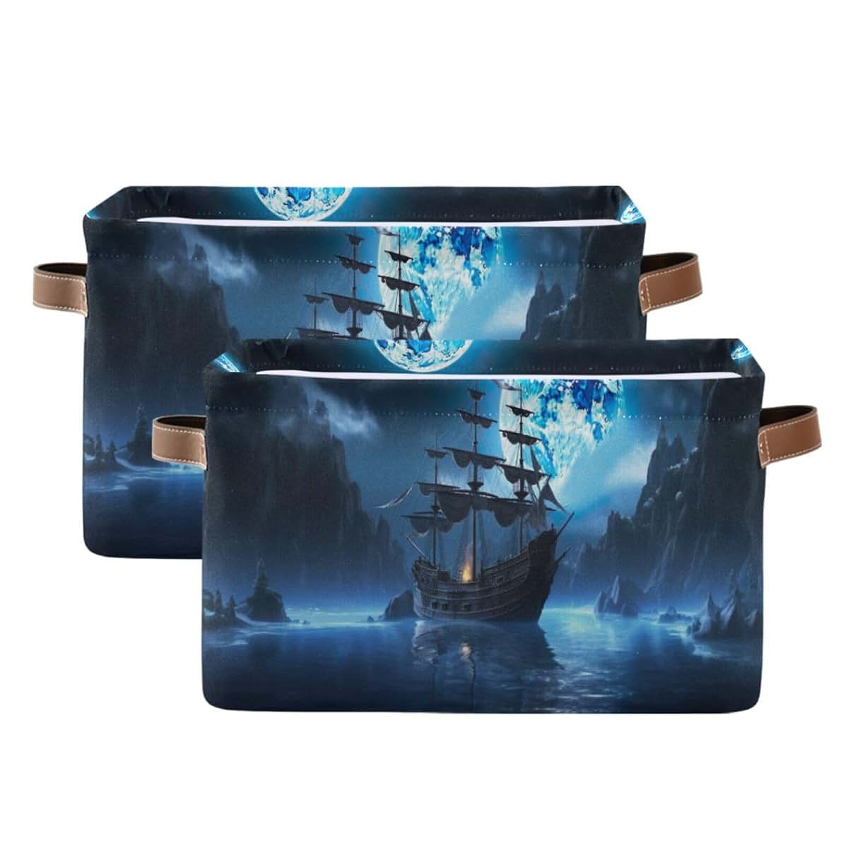 Maunzc Collapsible Canvas Storage Bins with Leather Handles