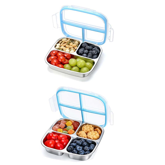 DOCMON Stainless Steel Snack Containers, 3 & 4 Compartments Snack Box | Lunch Bento Box, on the go, Leak and Spill