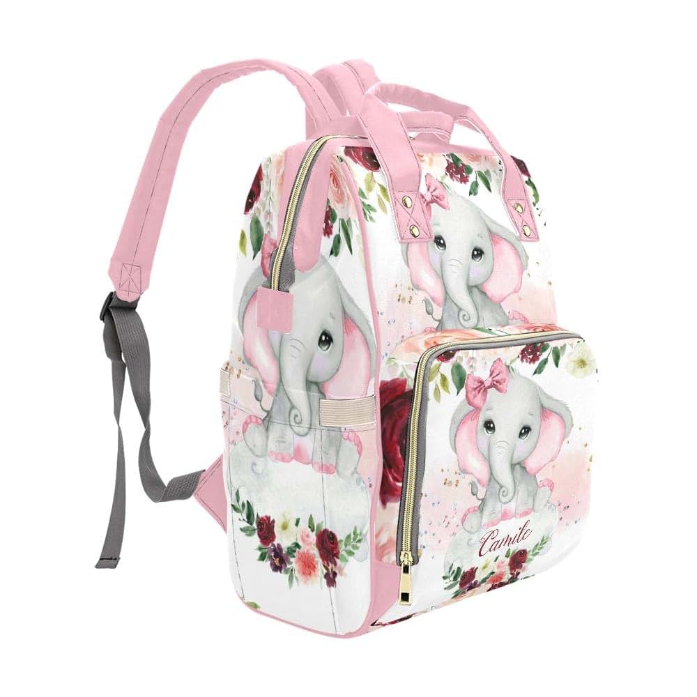 NZOOHY Pink Elephant Rose Personalized Diaper Bag Backpack Custom Name Large Capacity Diaper Backpack Travel Daypack (photo 2)