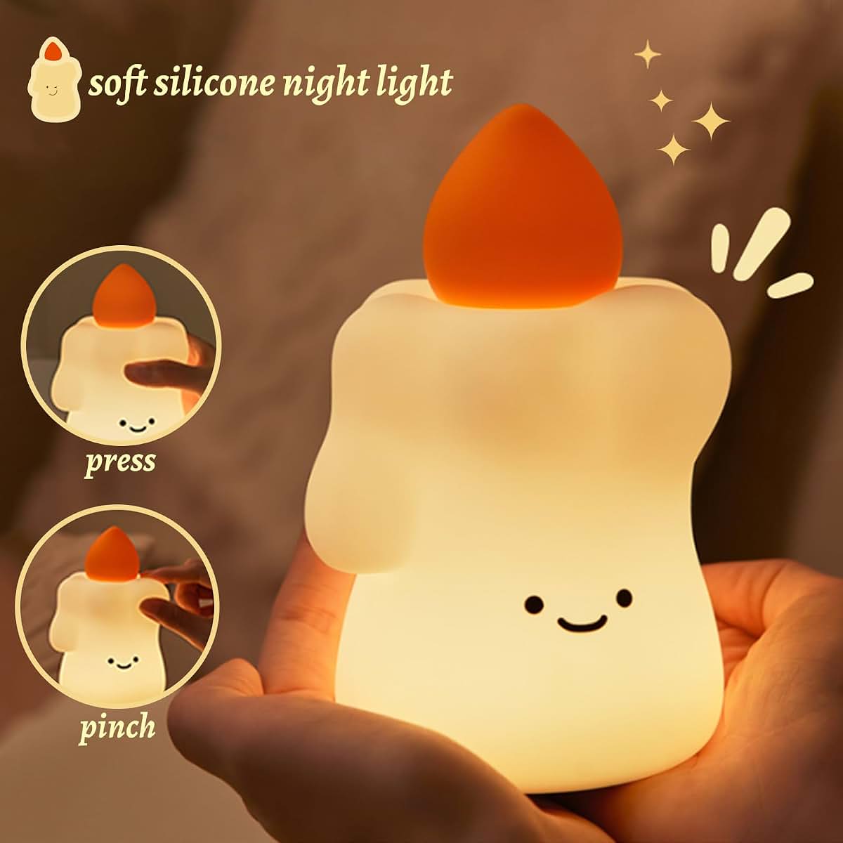 AVEKI Silicone Candle Baby Night Light, Rechargeable 3-Level Dimmable, White