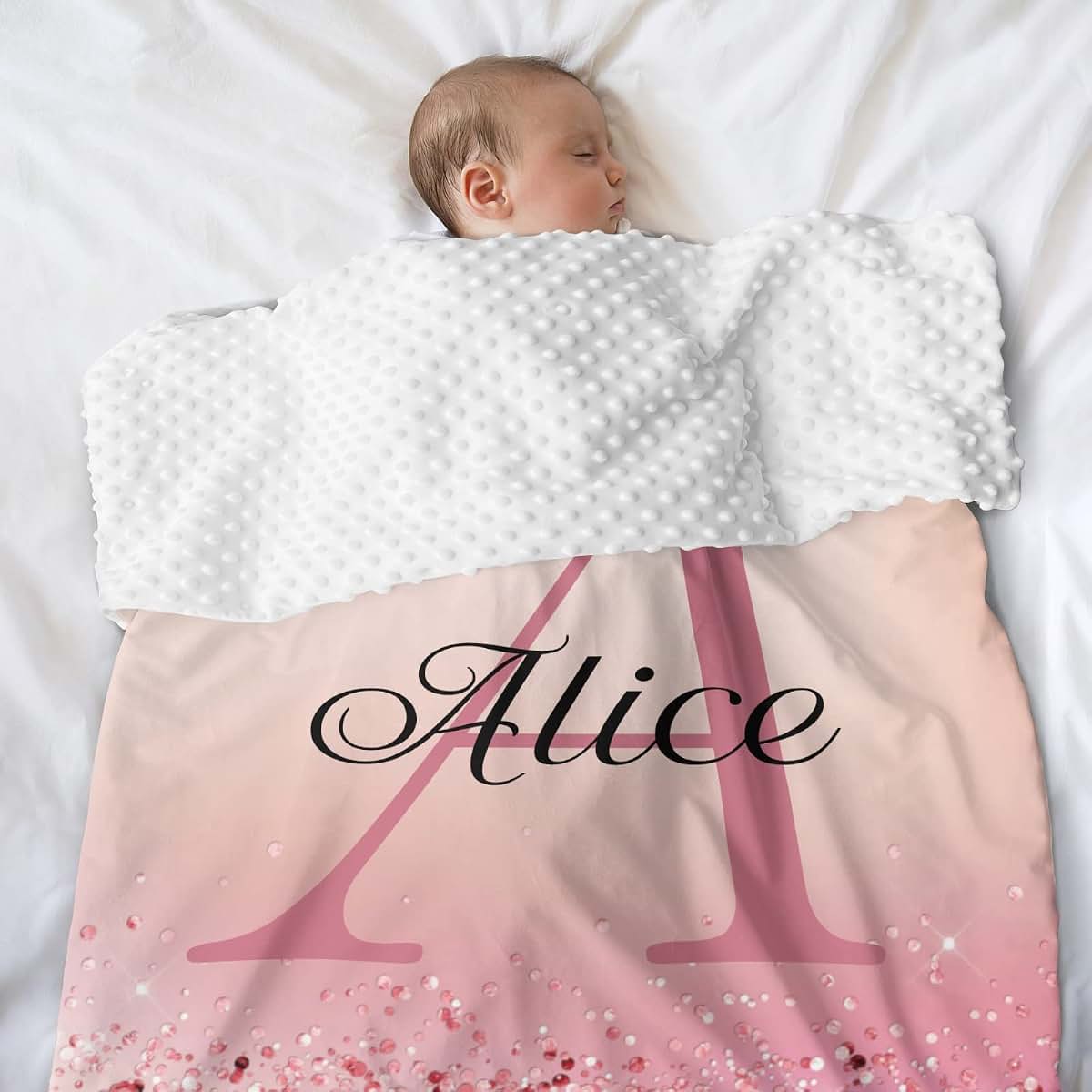 NZOOHY Monogram Pink Glitter Personalized Baby Blanket for Boys Girls,Custom Soft Minky Blanket Double Layer Dotted