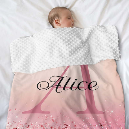 NZOOHY Monogram Pink Glitter Personalized Baby Blanket for Boys Girls,Custom Soft Minky Blanket Double Layer Dotted