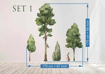 Large Watercolor Trees Wall Decals Set With Forest Animals