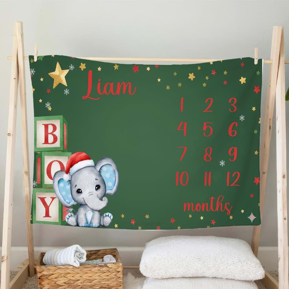L&NG Monthly Milestone Blanket for Boy, Elephant with Santa Hat (photo 3)