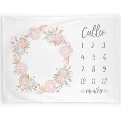 Lovable Gift Co Monthly Milestone Baby Blanket Personalized, Pink and Gray Floral