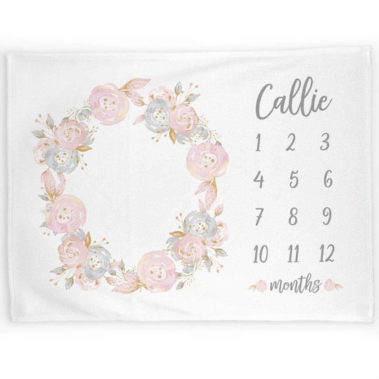 Lovable Gift Co Monthly Milestone Baby Blanket Personalized, Pink and Gray Floral