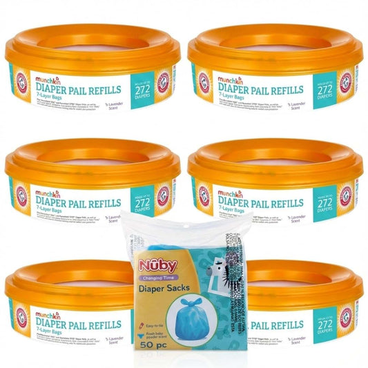 Munchkin Diaper Pail Refill Rings 6 Pack + Nuby Diaper Sacks 50 Count, Odor Control