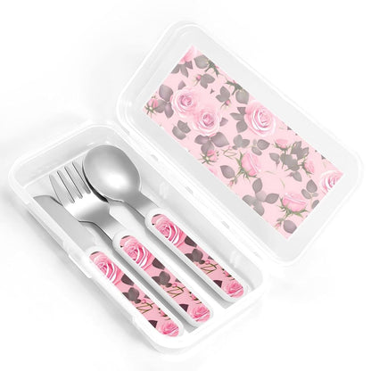 ZZYYDS Pretty Pink Roses Children's Three-Piece Knife, Fork and Spoon Set with Portable Box