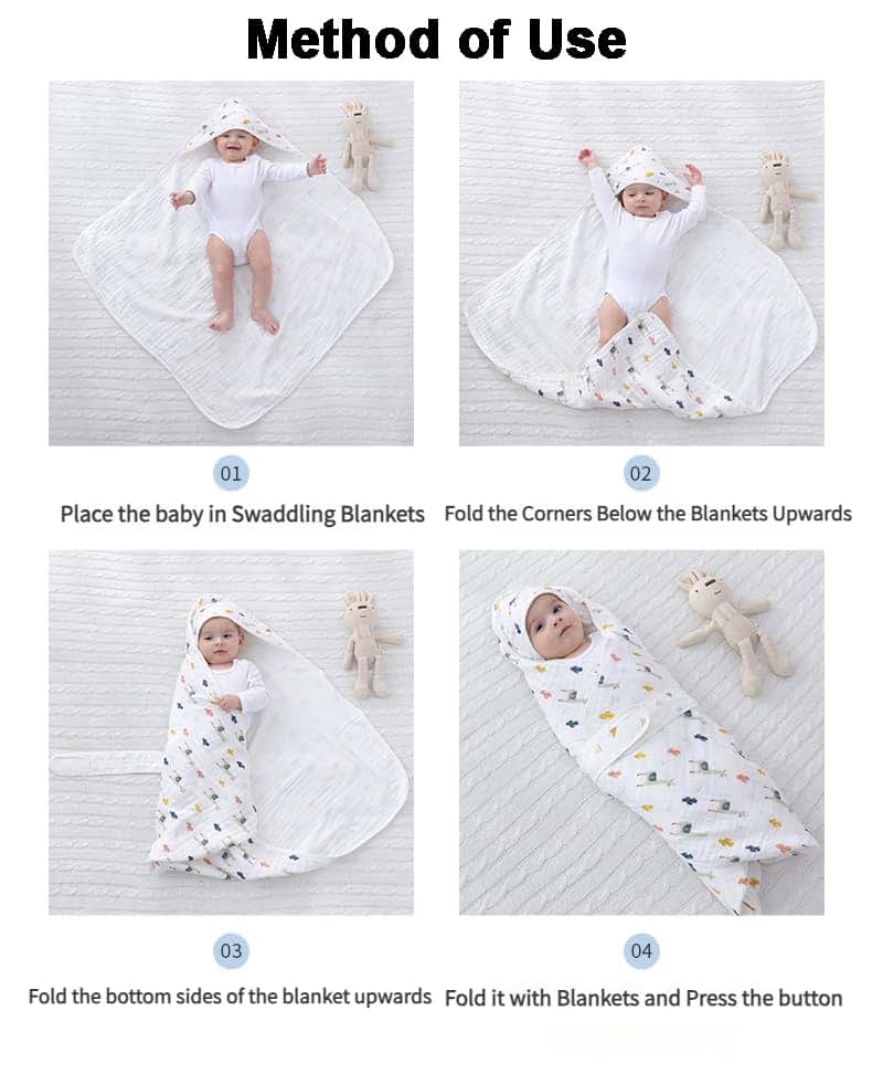 Muslin Swaddling Blanket for Newborn, 33.5x33.5 Inch Cotton Swaddle Wrap with Snap Buttons