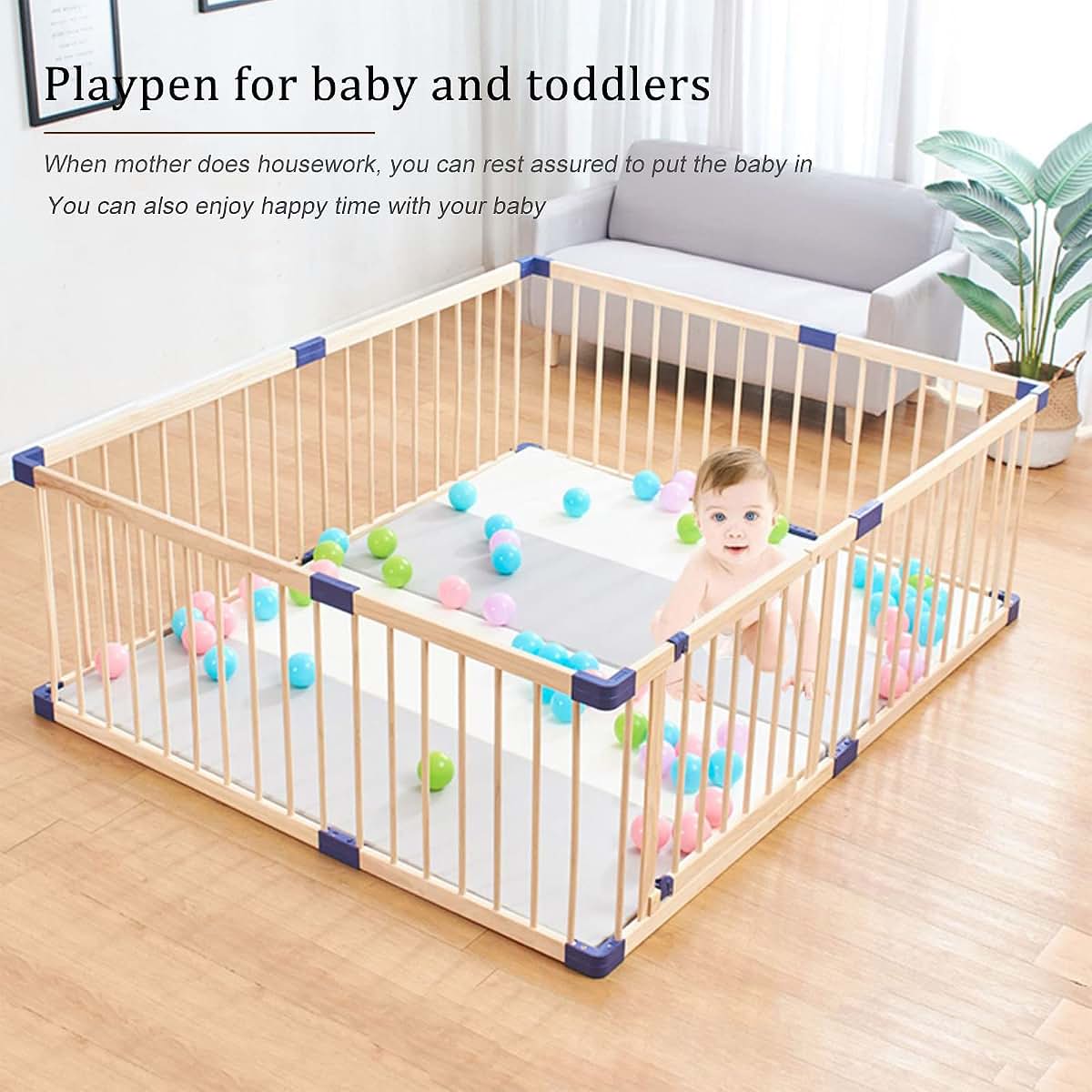 Jolan Baby Playpen Wooden,Indoor Outdoor Baby Fence,Crawling Playpen,Toddler Kids Large Safety Activity Center (photo 2)