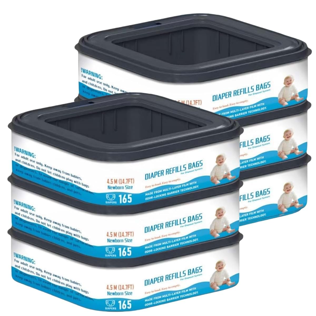 6-Pack Square Diaper Pail Refill Bags for Diaper Genie Classic, Compact, and Select Pails