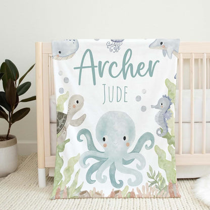 ZEBRA88 Personalized Ocean Baby Boy Name Blanket, Octopus Sea Animals Nursery Bedding, Custom Turtle Seahorse Theme (photo 3)